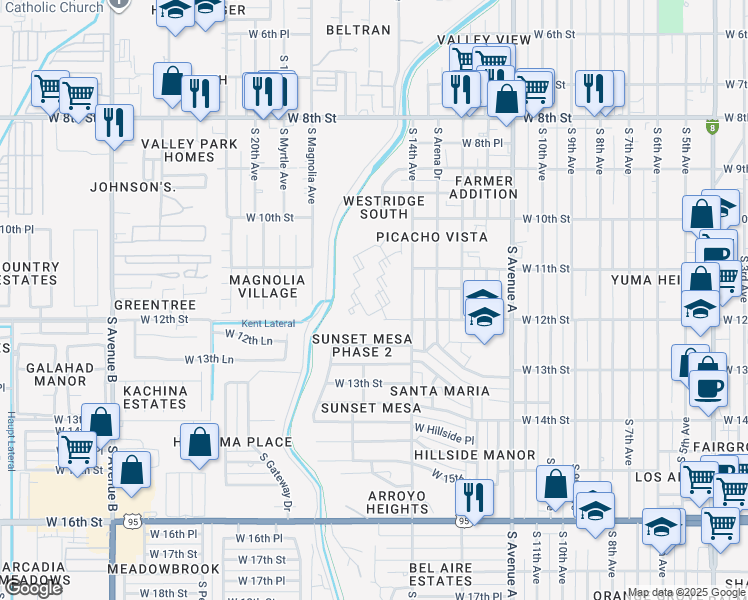 map of restaurants, bars, coffee shops, grocery stores, and more near 1600 West 12th Street in Yuma