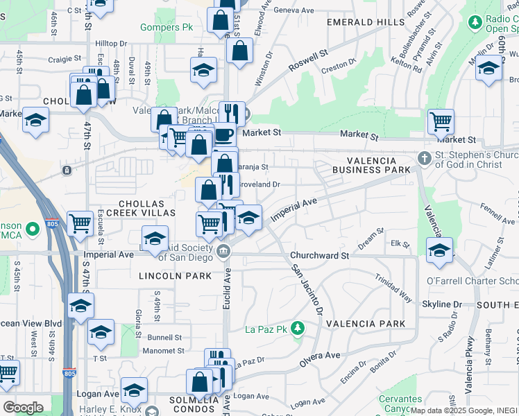 map of restaurants, bars, coffee shops, grocery stores, and more near 5212 Imperial Avenue in San Diego