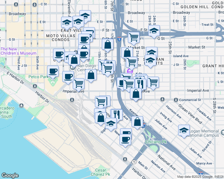 map of restaurants, bars, coffee shops, grocery stores, and more near 43 17th Street in San Diego