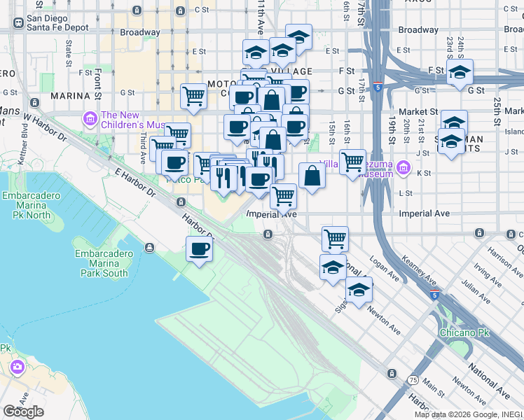map of restaurants, bars, coffee shops, grocery stores, and more near 2 11th Avenue in San Diego