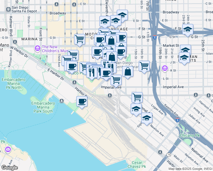 map of restaurants, bars, coffee shops, grocery stores, and more near 2 11th Avenue in San Diego