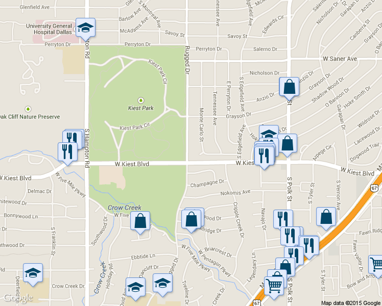 map of restaurants, bars, coffee shops, grocery stores, and more near 3486 Rugged Drive in Dallas