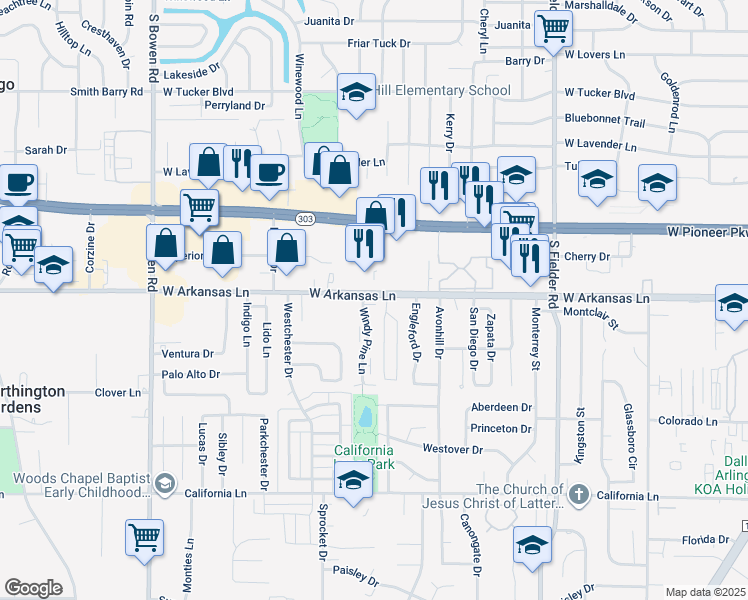 map of restaurants, bars, coffee shops, grocery stores, and more near 2315 Windy Pine Lane in Arlington