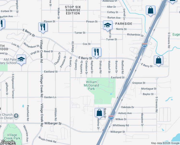 map of restaurants, bars, coffee shops, grocery stores, and more near 3912 Candace Drive in Fort Worth