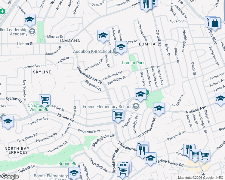map of restaurants, bars, coffee shops, grocery stores, and more near 284 Middlebush Drive in San Diego