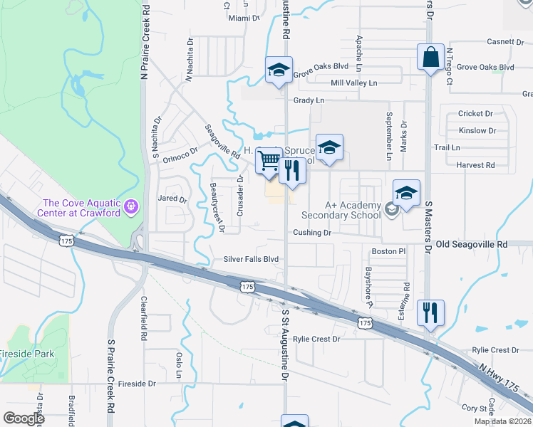 map of restaurants, bars, coffee shops, grocery stores, and more near 335 South Saint Augustine Drive in Dallas