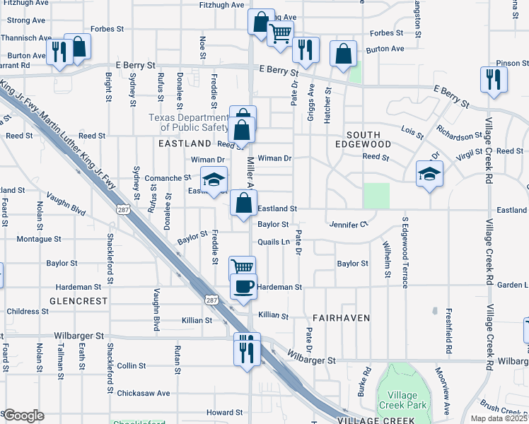 map of restaurants, bars, coffee shops, grocery stores, and more near 4212 Eastland Street in Fort Worth