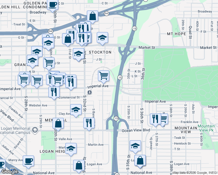 map of restaurants, bars, coffee shops, grocery stores, and more near 3337 Imperial Avenue in San Diego