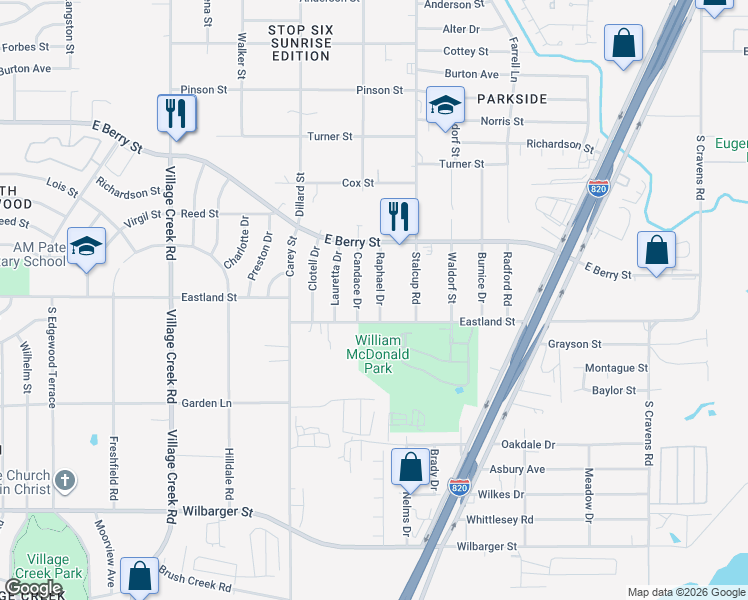 map of restaurants, bars, coffee shops, grocery stores, and more near 3913 Raphael Drive in Fort Worth
