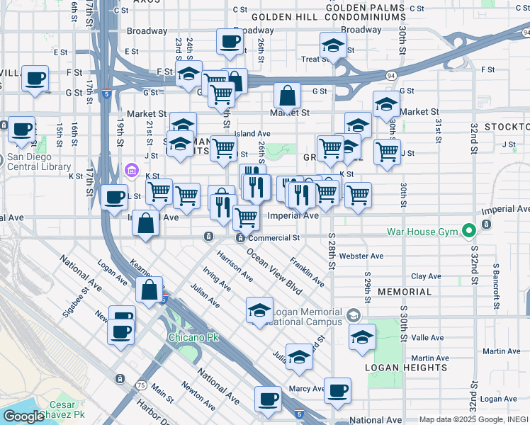 map of restaurants, bars, coffee shops, grocery stores, and more near 27 26th Street in San Diego