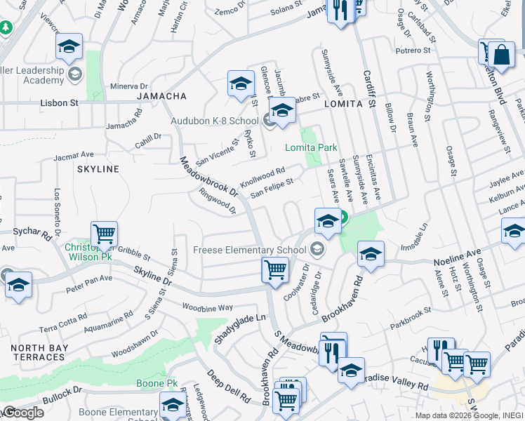 map of restaurants, bars, coffee shops, grocery stores, and more near 284 Middlebush Drive in San Diego