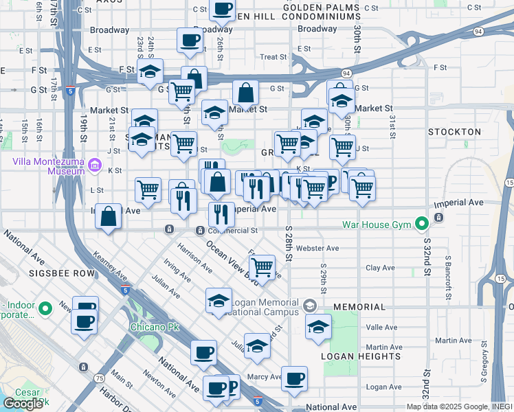 map of restaurants, bars, coffee shops, grocery stores, and more near 2700 Imperial Ave in San Diego