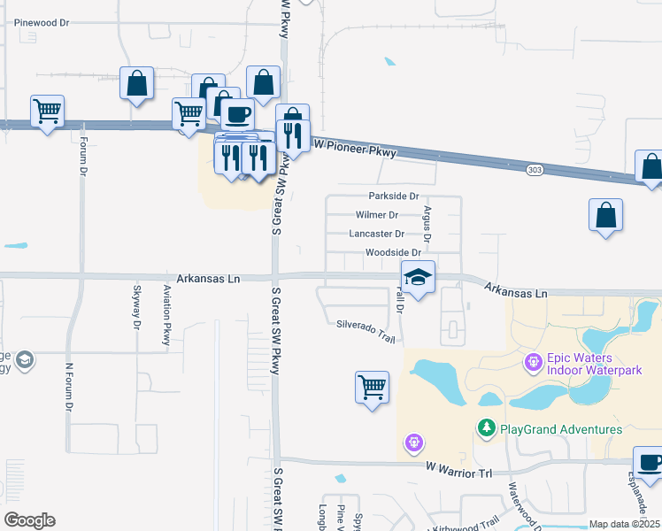 map of restaurants, bars, coffee shops, grocery stores, and more near 2456 Canyon Springs Drive in Grand Prairie
