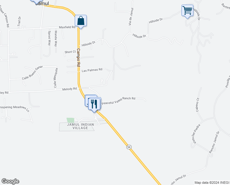 map of restaurants, bars, coffee shops, grocery stores, and more near 14102 Peaceful Valley Ranch Road in Jamul