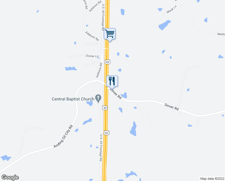 map of restaurants, bars, coffee shops, grocery stores, and more near 54 Dover Road in Bentonia