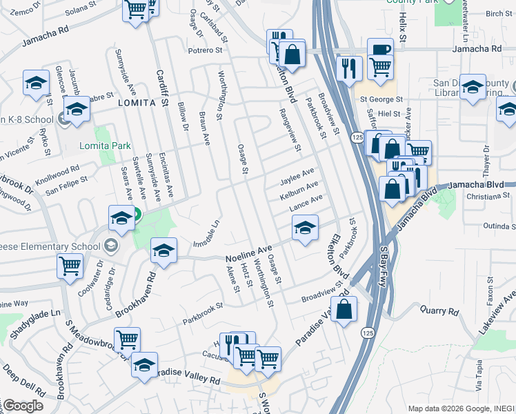 map of restaurants, bars, coffee shops, grocery stores, and more near 723 Osage Street in Spring Valley