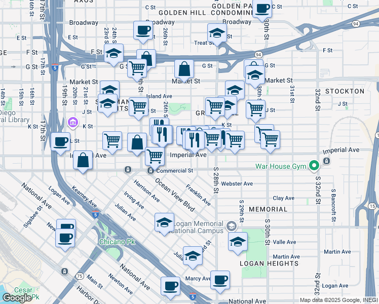 map of restaurants, bars, coffee shops, grocery stores, and more near 2667 Imperial Avenue in San Diego