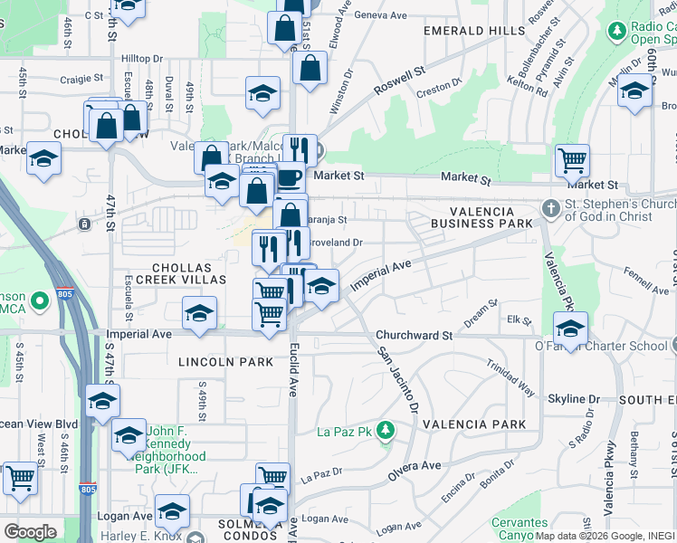map of restaurants, bars, coffee shops, grocery stores, and more near 5212 Imperial Avenue in San Diego