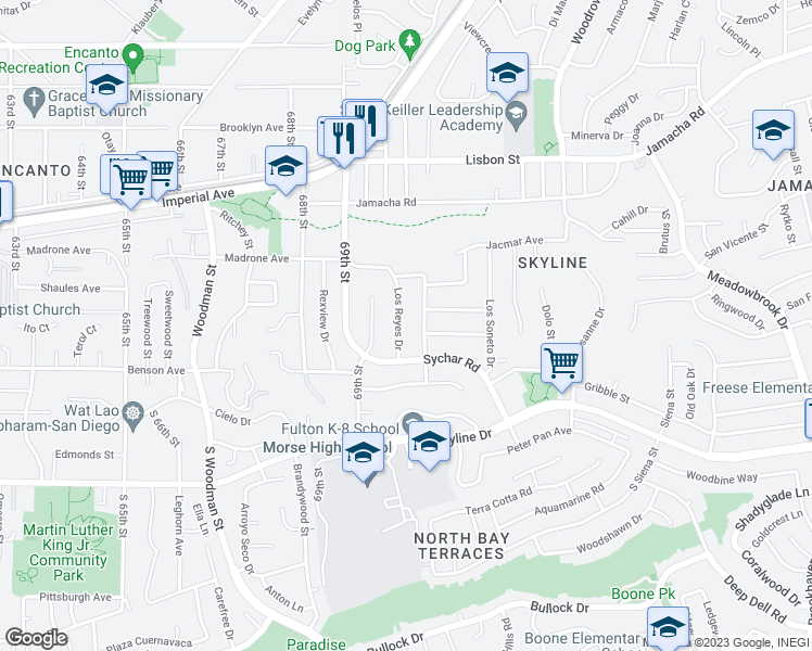 map of restaurants, bars, coffee shops, grocery stores, and more near 265 Los Reyes Drive in San Diego