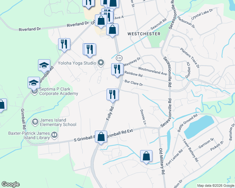 map of restaurants, bars, coffee shops, grocery stores, and more near 1573 Folly Road in Charleston