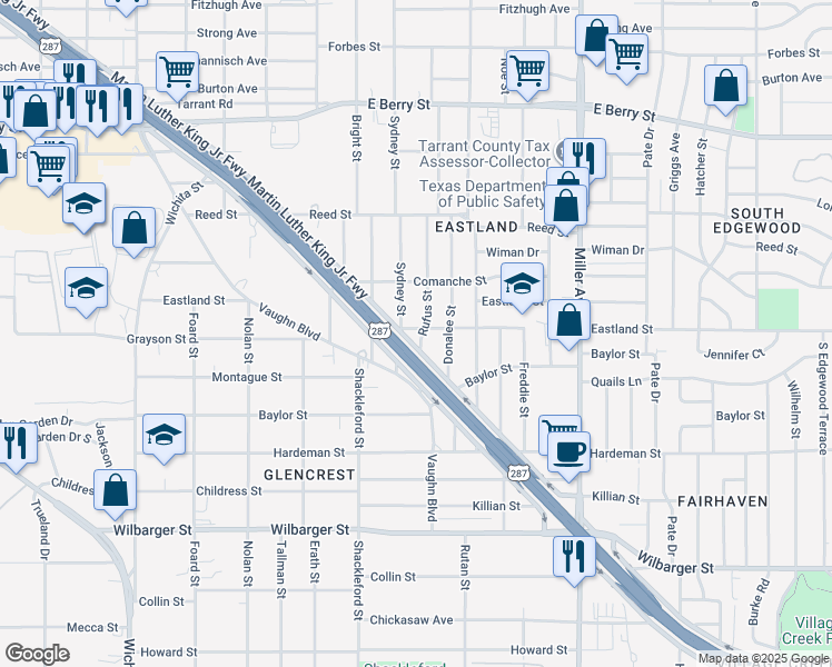 map of restaurants, bars, coffee shops, grocery stores, and more near 3921 Rufus Street in Fort Worth