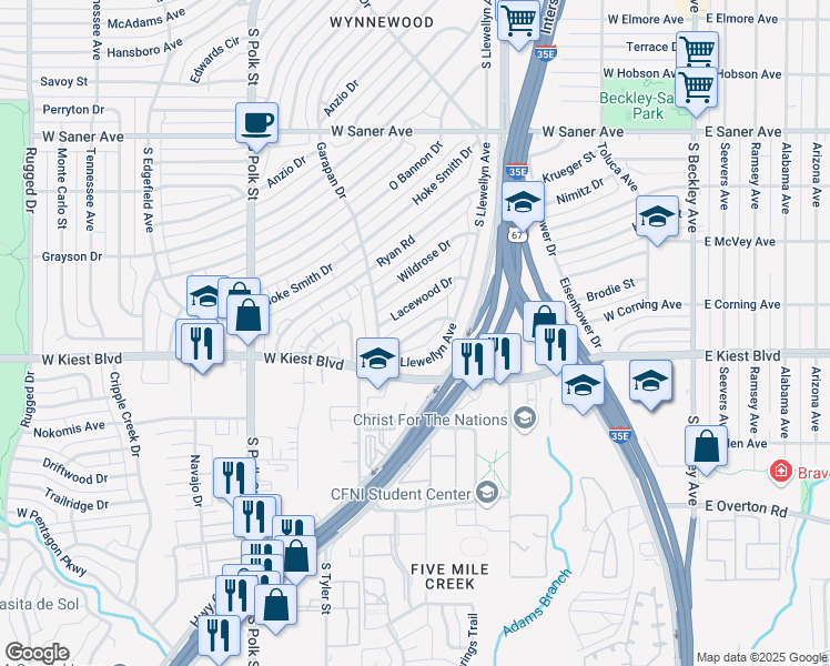 map of restaurants, bars, coffee shops, grocery stores, and more near Dogwood Trail in Dallas