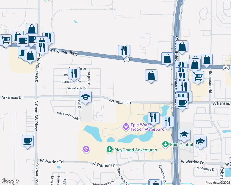 map of restaurants, bars, coffee shops, grocery stores, and more near 1904 Arkansas Lane in Grand Prairie