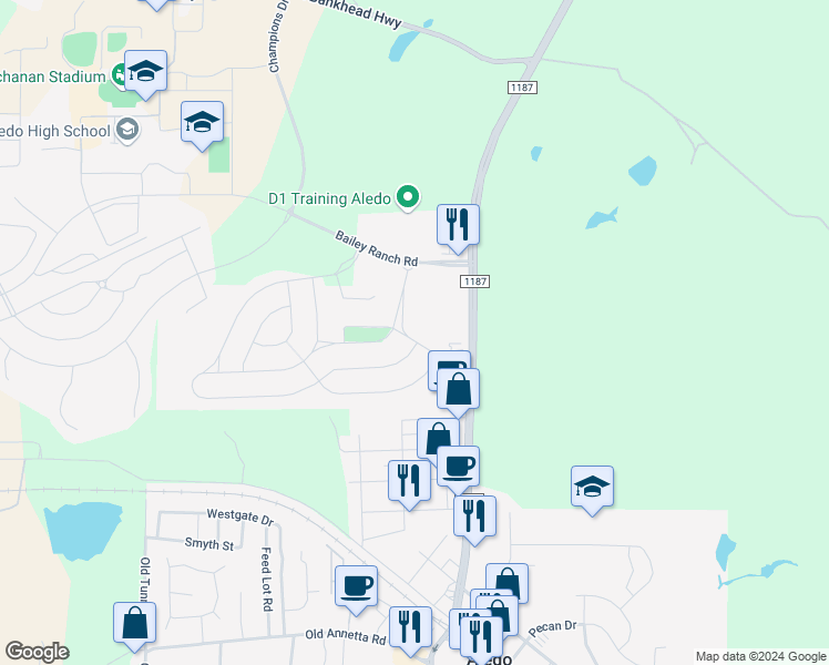 map of restaurants, bars, coffee shops, grocery stores, and more near 200 Bluestem Lane in Aledo
