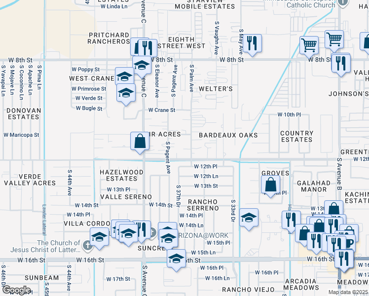 map of restaurants, bars, coffee shops, grocery stores, and more near 3758 West 12th Street in Yuma