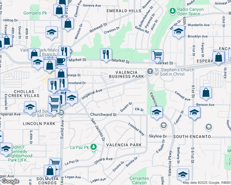 map of restaurants, bars, coffee shops, grocery stores, and more near 5411-5425 Santa Margarita Street in San Diego