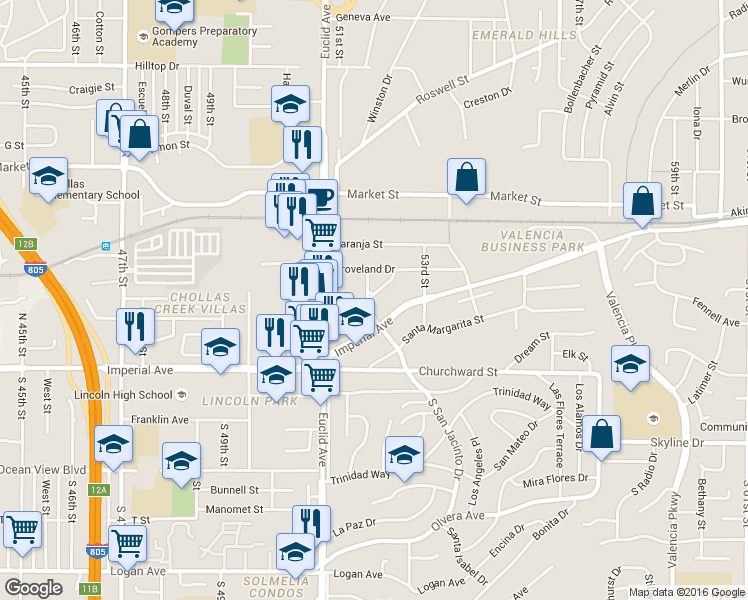 map of restaurants, bars, coffee shops, grocery stores, and more near 5212 Imperial Avenue in San Diego