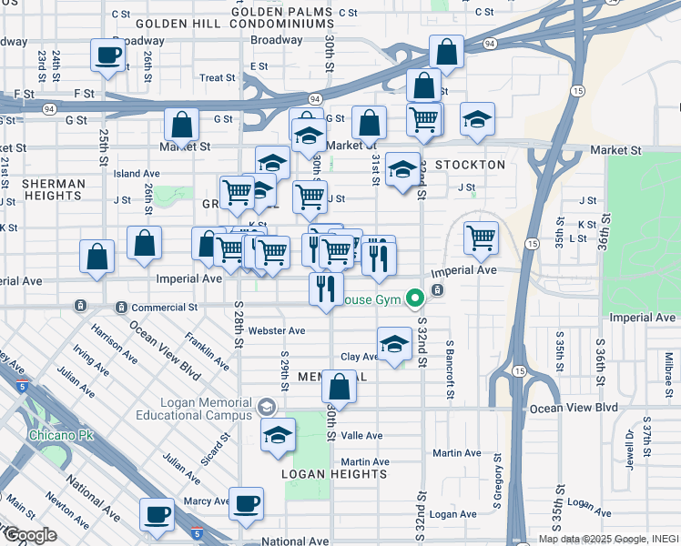 map of restaurants, bars, coffee shops, grocery stores, and more near 3023 Imperial Avenue in San Diego