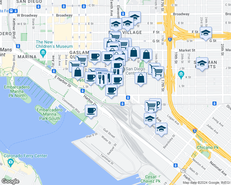 map of restaurants, bars, coffee shops, grocery stores, and more near 2 11th Avenue in San Diego
