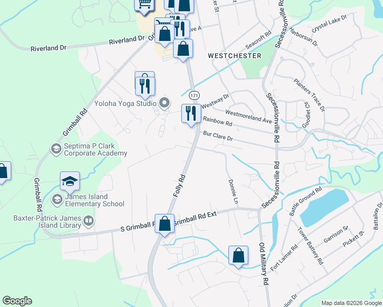 map of restaurants, bars, coffee shops, grocery stores, and more near 1573 Folly Road in Charleston