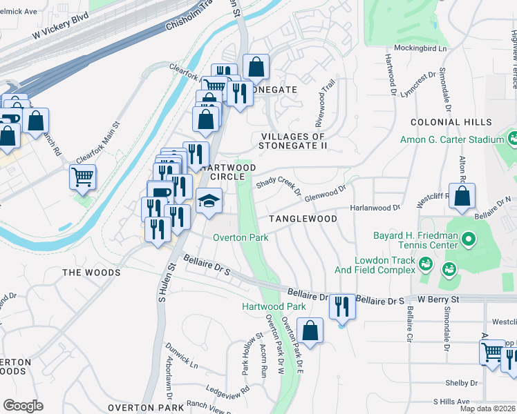 map of restaurants, bars, coffee shops, grocery stores, and more near 4220 Glenwood Drive in Fort Worth