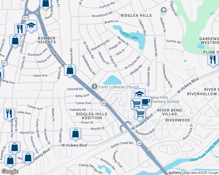 map of restaurants, bars, coffee shops, grocery stores, and more near 6900 Culver Avenue in Fort Worth