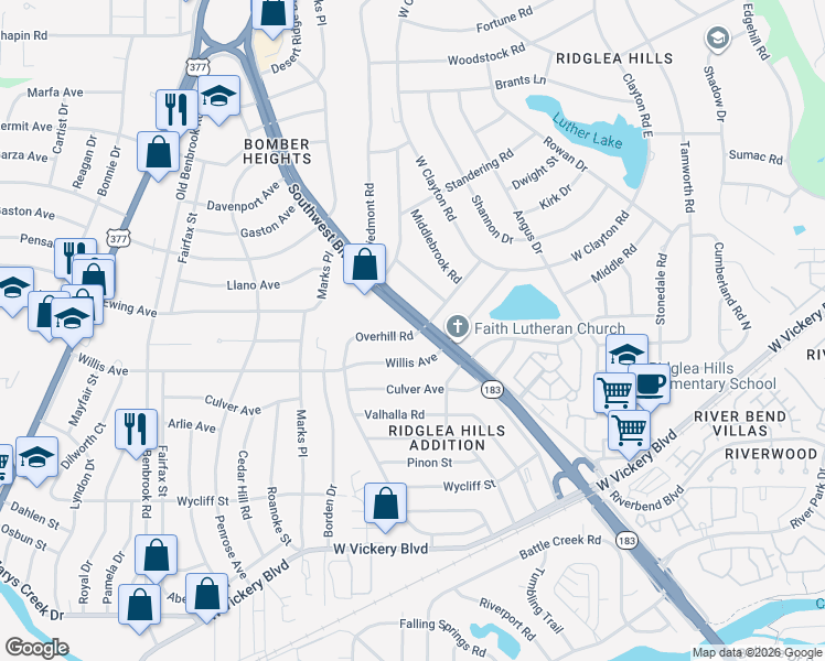 map of restaurants, bars, coffee shops, grocery stores, and more near 7004 Willis Avenue in Fort Worth