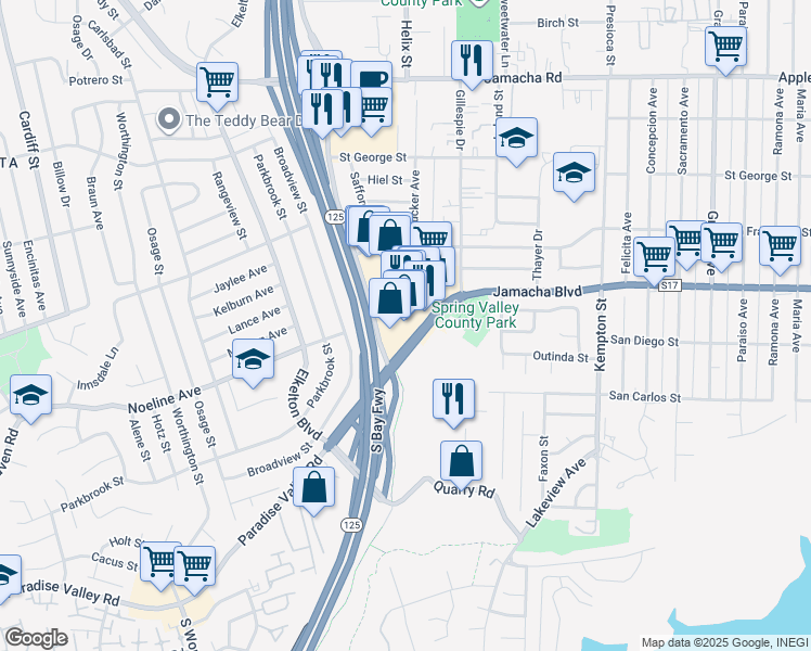 map of restaurants, bars, coffee shops, grocery stores, and more near 8626 Jamacha Boulevard in Spring Valley