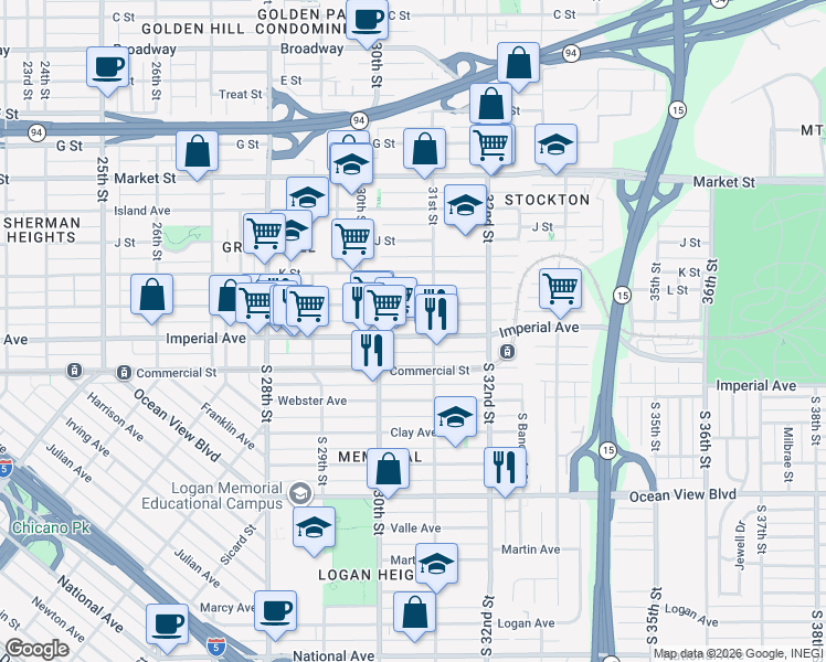 map of restaurants, bars, coffee shops, grocery stores, and more near in San Diego