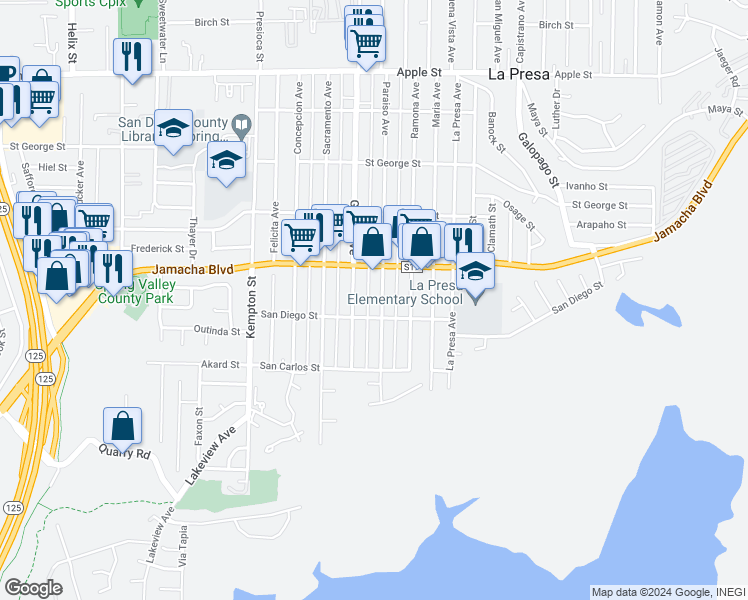 map of restaurants, bars, coffee shops, grocery stores, and more near 522 Paraiso Avenue in Spring Valley