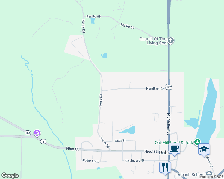map of restaurants, bars, coffee shops, grocery stores, and more near 269 Hamilton Rd in Dubach