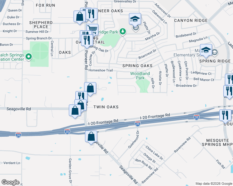 map of restaurants, bars, coffee shops, grocery stores, and more near 4823 Navajo Drive in Balch Springs