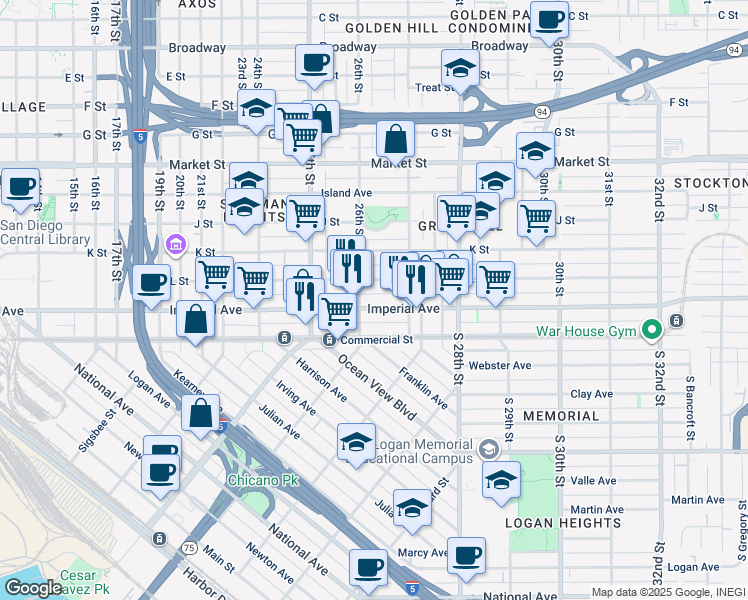 map of restaurants, bars, coffee shops, grocery stores, and more near 27 26th Street in San Diego