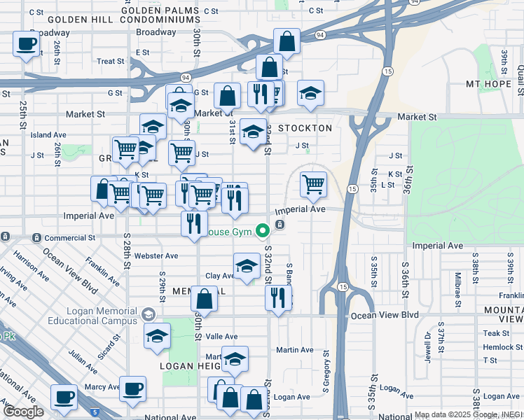 map of restaurants, bars, coffee shops, grocery stores, and more near 3180 Imperial Avenue in San Diego