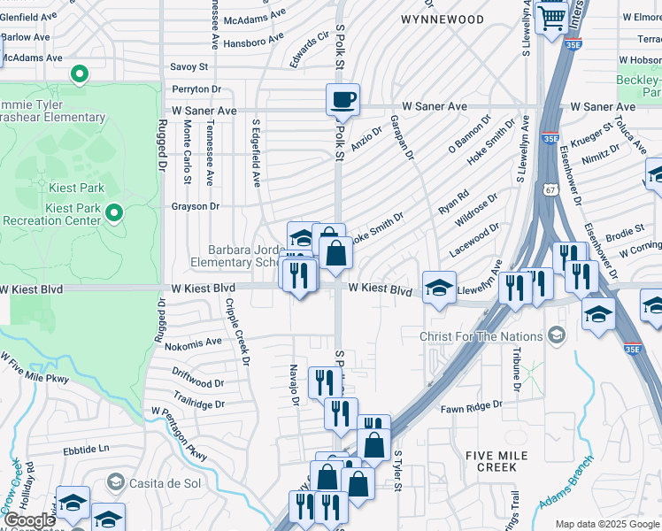 map of restaurants, bars, coffee shops, grocery stores, and more near 3271 South Polk Street in Dallas