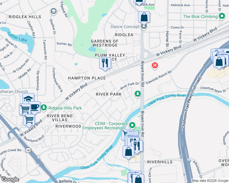 map of restaurants, bars, coffee shops, grocery stores, and more near 2705 River Forest Drive in Fort Worth