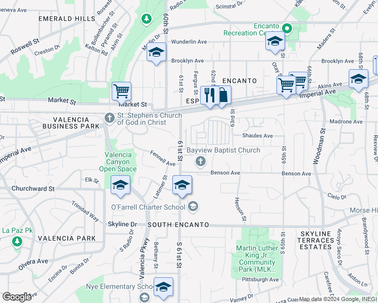 map of restaurants, bars, coffee shops, grocery stores, and more near 327 61st Street in San Diego