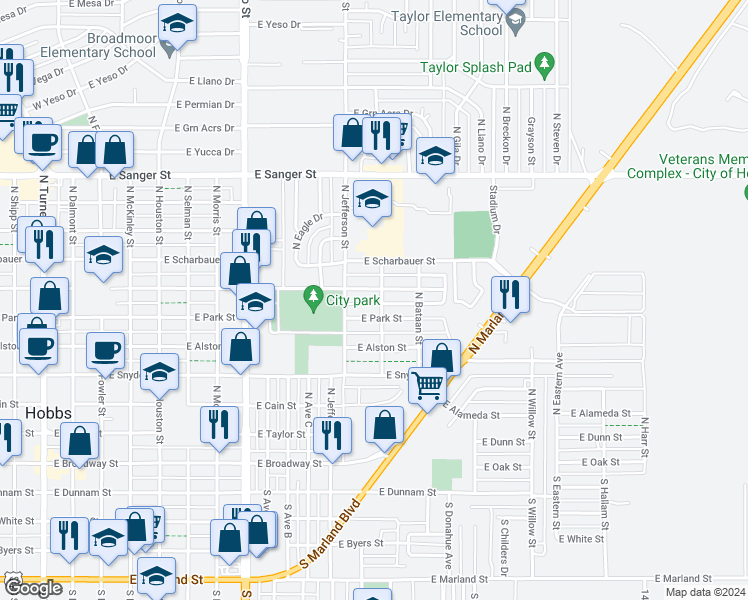 map of restaurants, bars, coffee shops, grocery stores, and more near 1225 East Clinton Street in Hobbs