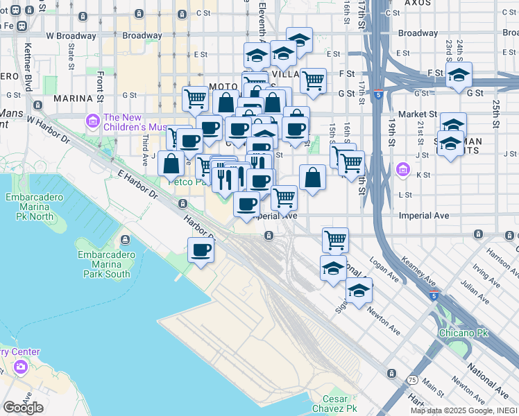 map of restaurants, bars, coffee shops, grocery stores, and more near 2 11th Avenue in San Diego