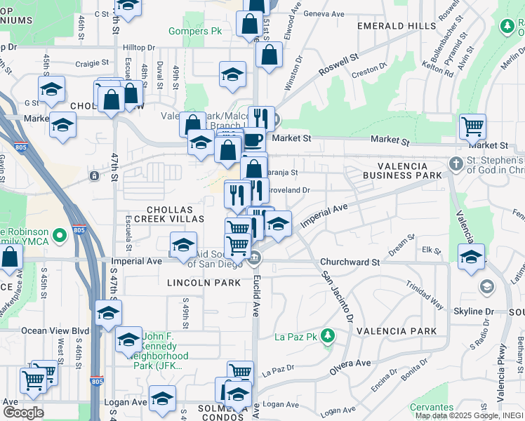 map of restaurants, bars, coffee shops, grocery stores, and more near 5155 Castana Street in San Diego